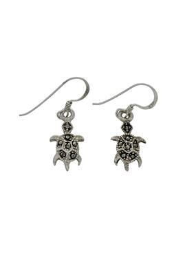 Vintage Sterling Silver 925 Marcasite Turtle Dangle Earrings